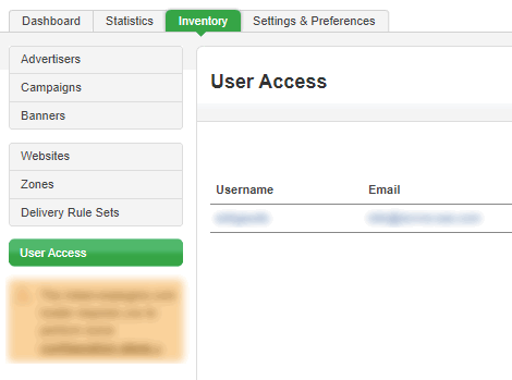 Inventory - User access tab