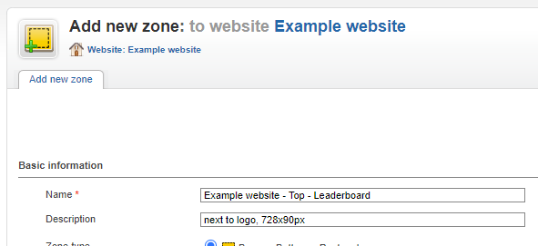 New zone, enter Name and Description New zone, enter Name and Description