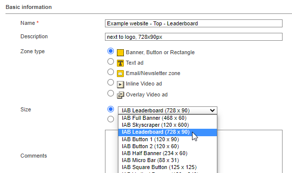 New zone, specify size New zone, specify size
